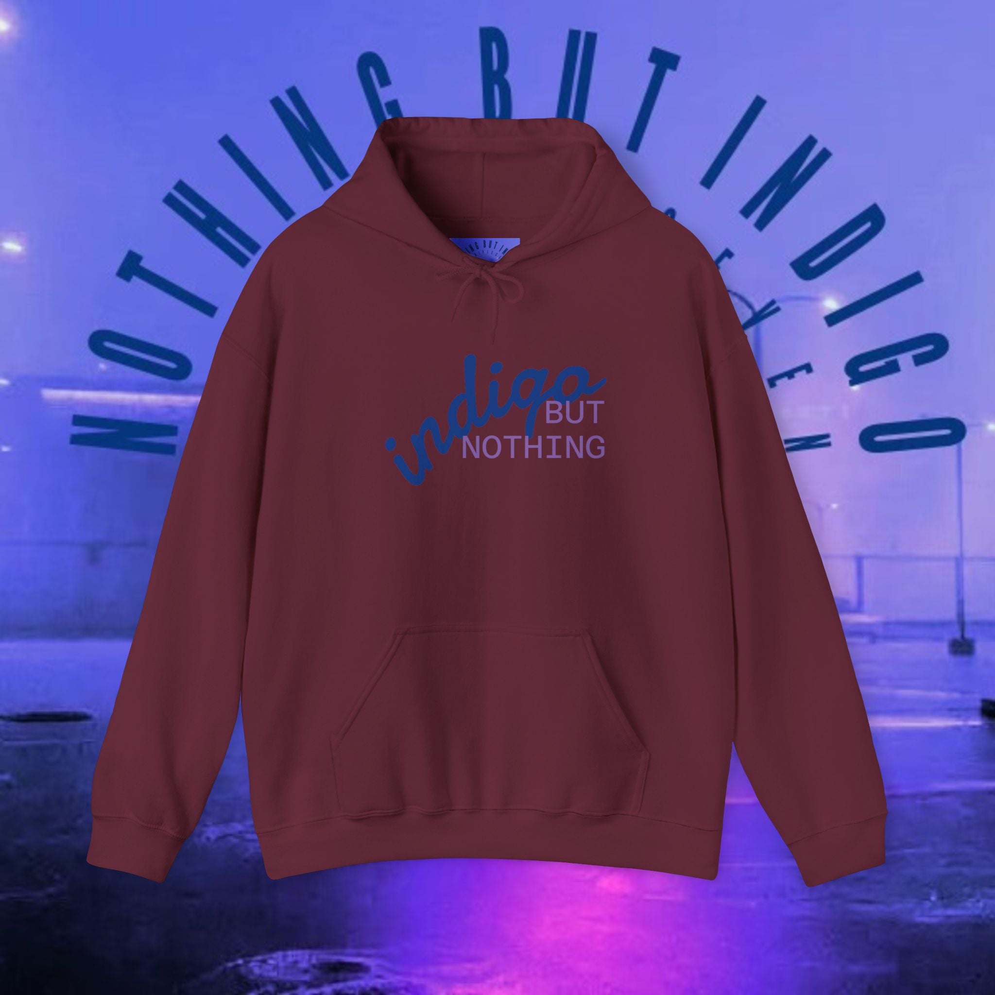 Nothing But Indigo Hoodie — Minimal Script Graphic Pullover