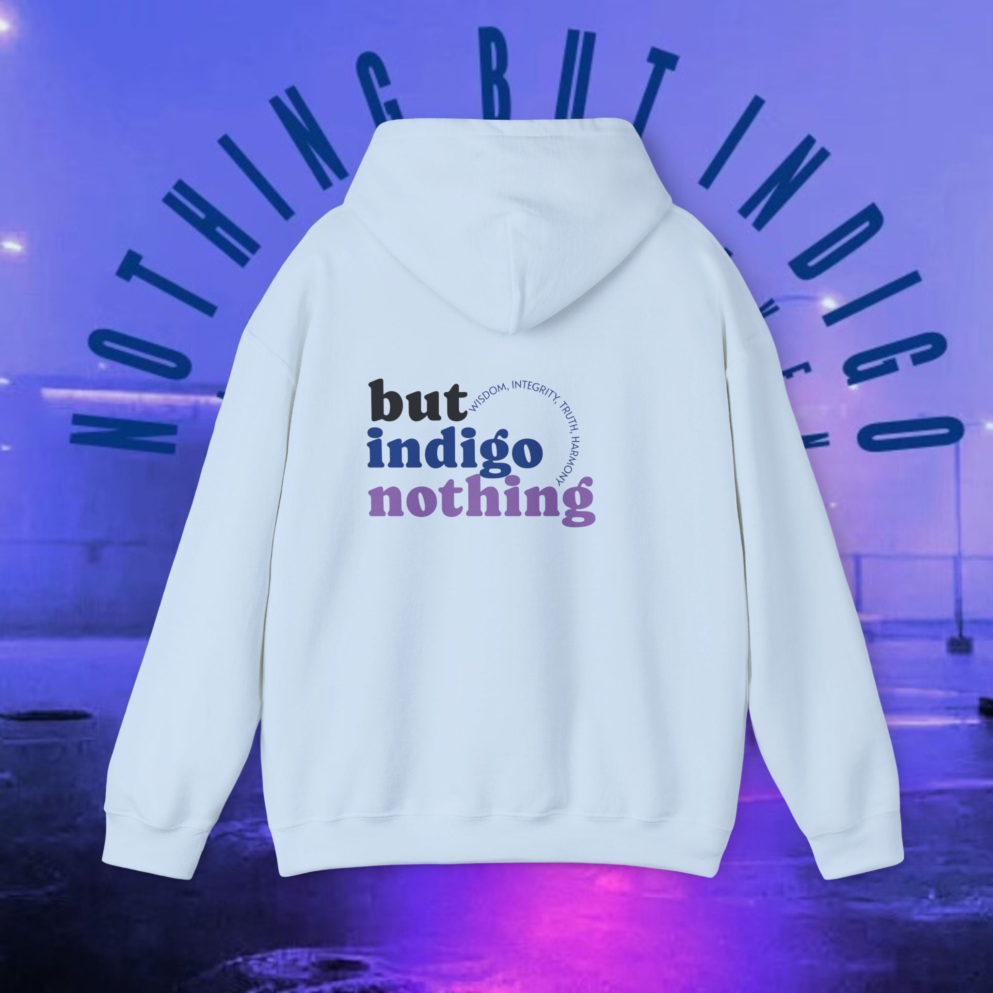 Nothing But Indigo Hoodie — Minimal Script Graphic Pullover