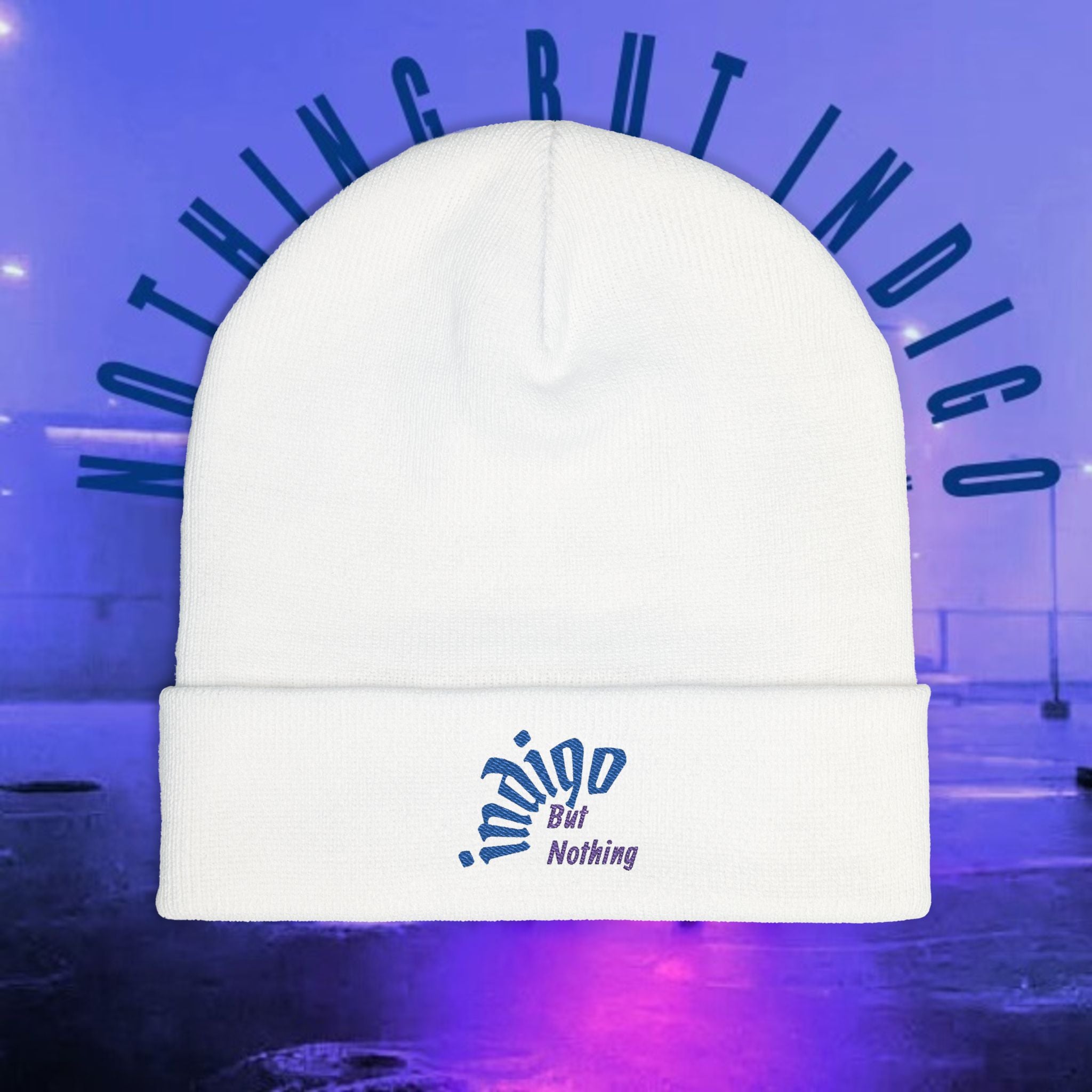 Knit Beanie — 'Nothing But Indigo' Embroidered Cuff Hat