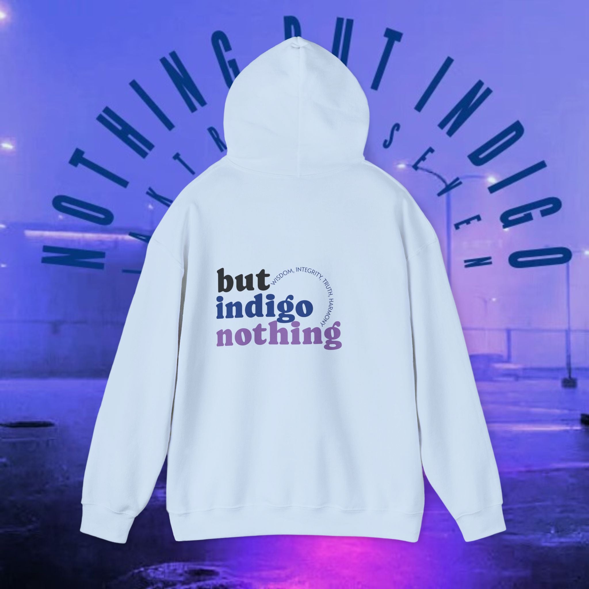 Nothing But Indigo Hoodie — Minimal Script Graphic Pullover
