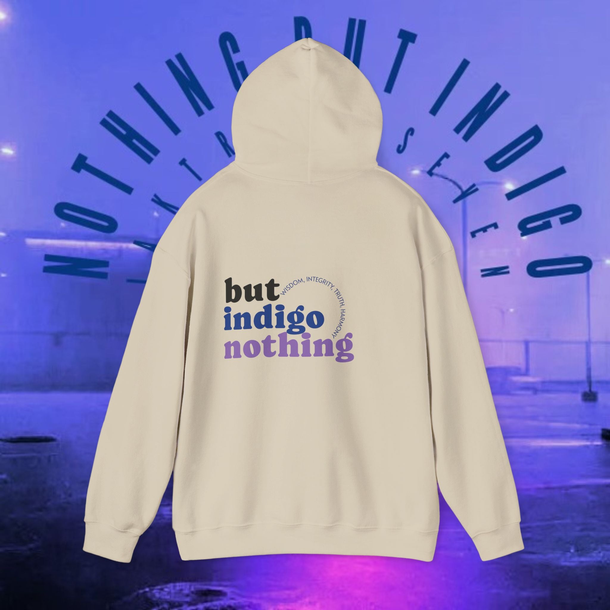 Nothing But Indigo Hoodie — Minimal Script Graphic Pullover