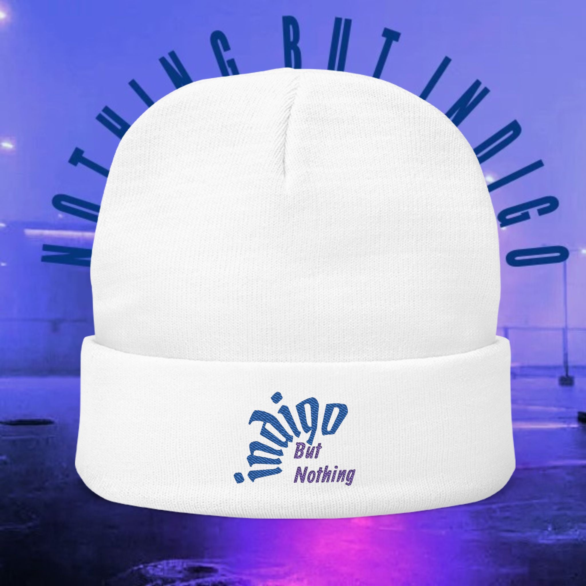 Knit Beanie — 'Nothing But Indigo' Embroidered Cuff Hat