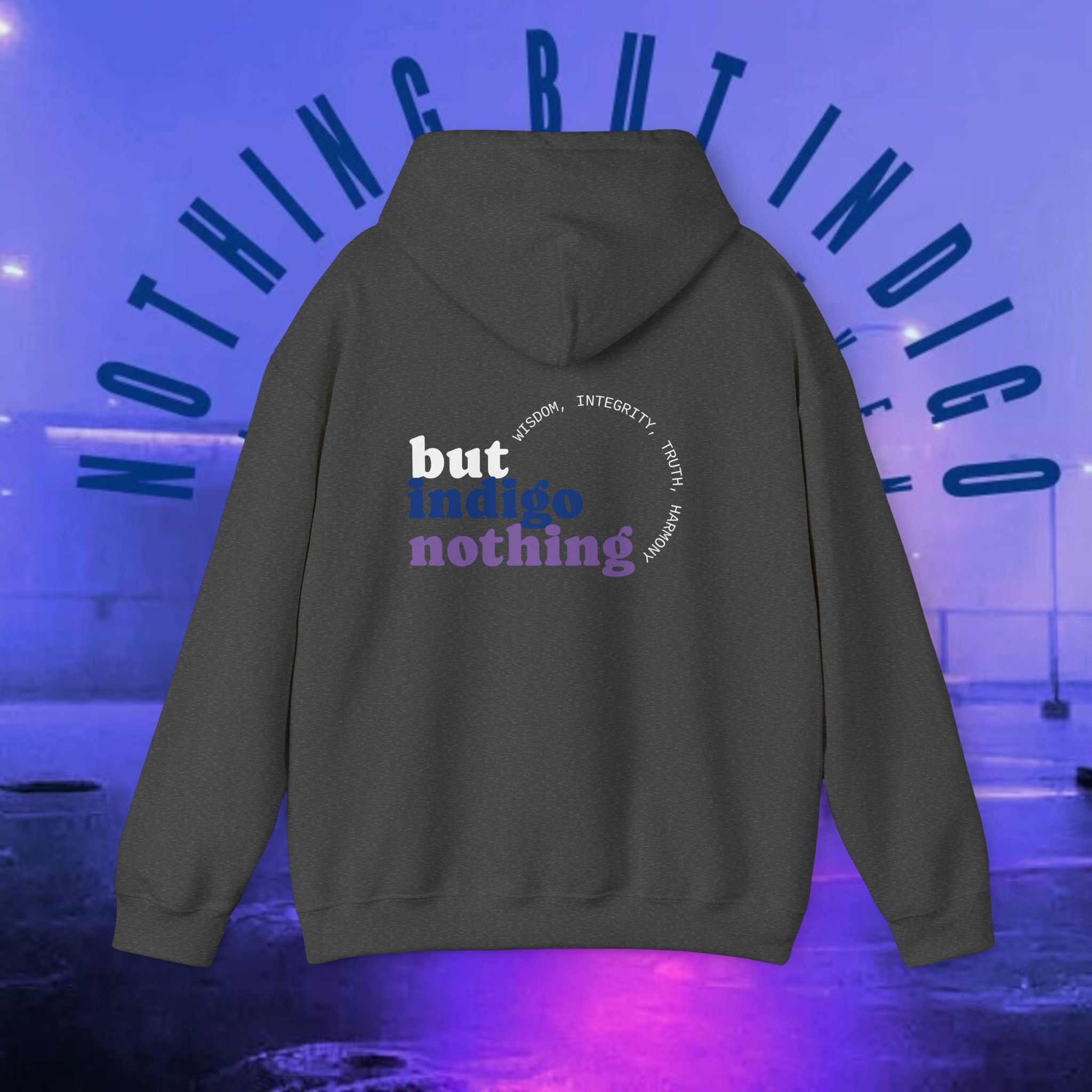 Nothing But Indigo Hoodie — Minimal Script Graphic Pullover