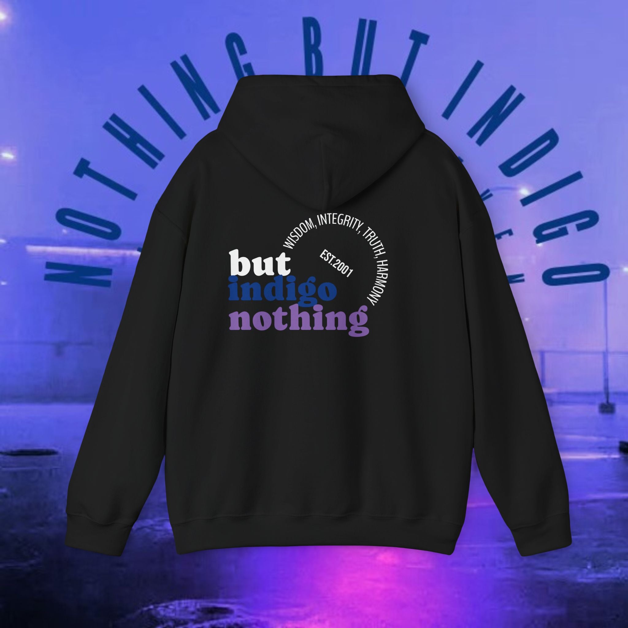 Nothing But Indigo Hoodie — Minimal Script Graphic Pullover