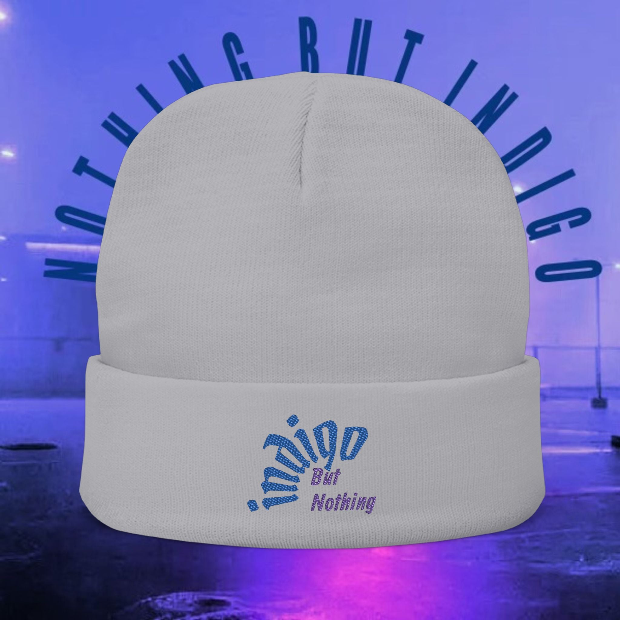 Knit Beanie — 'Nothing But Indigo' Embroidered Cuff Hat