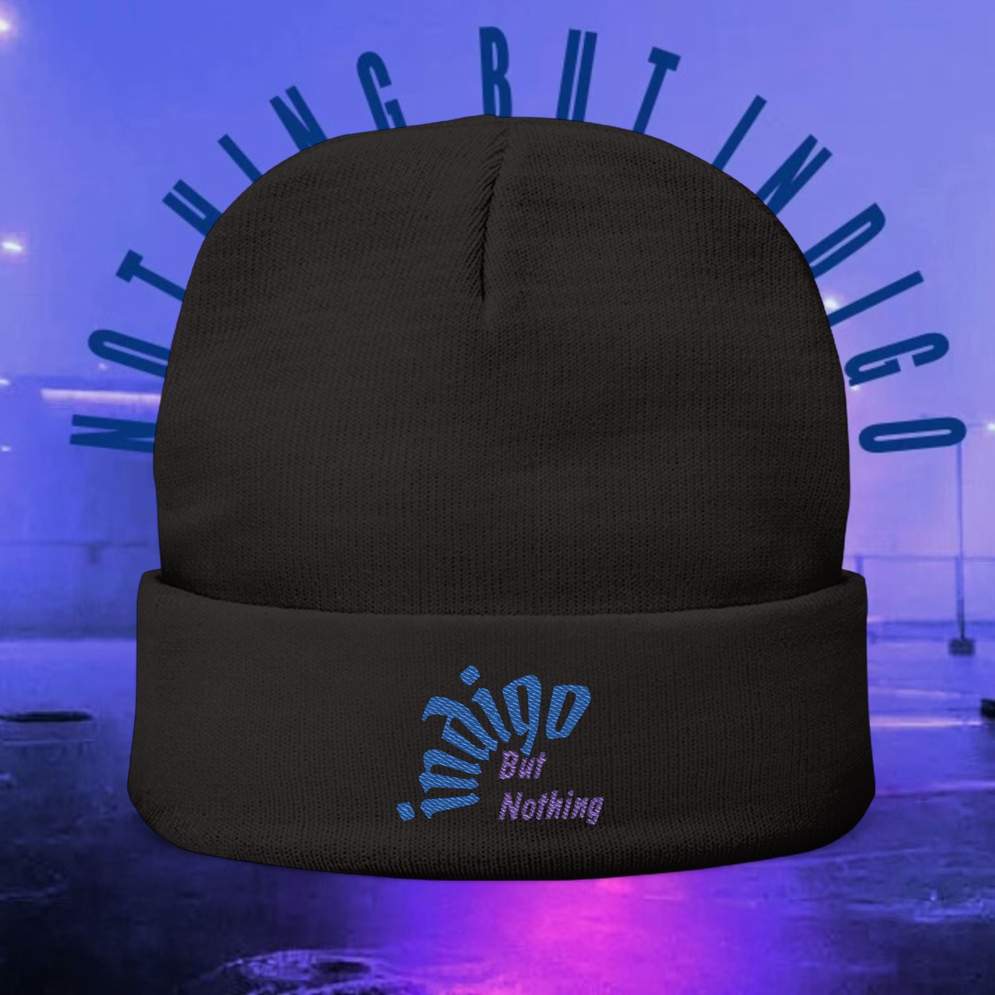 Knit Beanie — 'Nothing But Indigo' Embroidered Cuff Hat