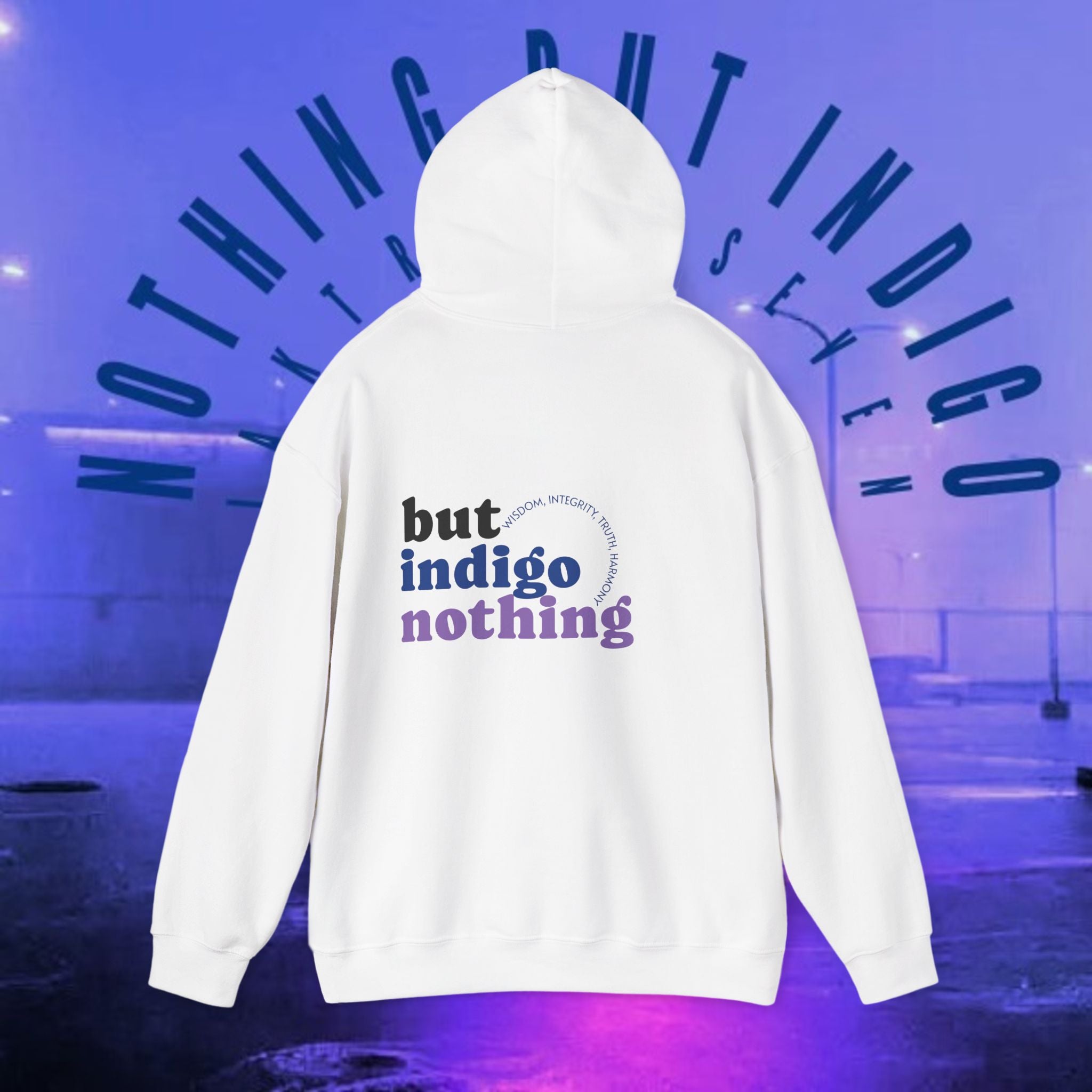 Nothing But Indigo Hoodie — Minimal Script Graphic Pullover